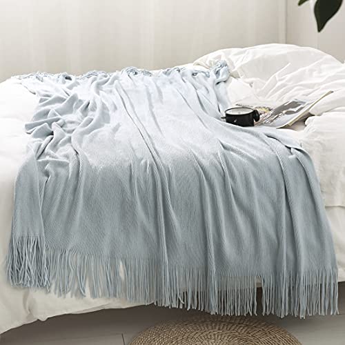 Homiest Pale Blue Knitted Throw Blanket with Fringe, 50x60 Inch - color: Baby Blue, size: 50" x 60"