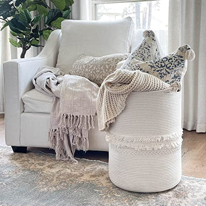 CherryNow 70L Woven Rope Laundry Basket with Tassel, 16" x 22", White - color: Off-white, size: 69L (16"W x 22"H)