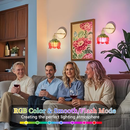 Battery Operated Wall Sconces Set of 2, Red Tulip Glass Wall Lights | Rechargeable flower wall lamps with remote control, 15 colors, 10-level dimming and timer for bedroom and living room - color: Red