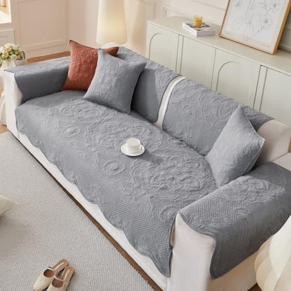 vctops Boho Cotton Quilted Couch Cover Soft Embroidered Sofa Cover Non-Slip Dog Bed Cover Scalloped Sofa Slipcover Washable Furniture Protector Cover (Light Grey,28"x70") - color: Light Grey, size: 1pc/28"x70"/Rectangular