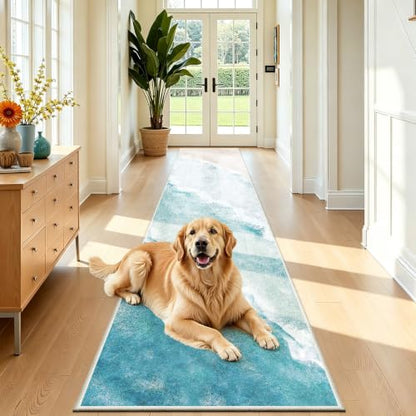 Beach Pattern 2x10ft Runner Rug Non Slip Washable Kitchen Runner Rug with Rubber Backing，Low-Pile Soft Washable Runner Rugs for Hallway Entryway Kitchen Bedroom Living Room Bathroom - color: Light Blue Beach, size: 2' x 10' (Rug)