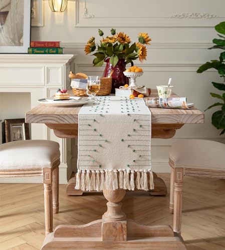 Caflife Green Beige Cotton Linen Rustic Boho Table Runner 13 x 60 Inch Long - color: Green Beige, size: 13x60Inch