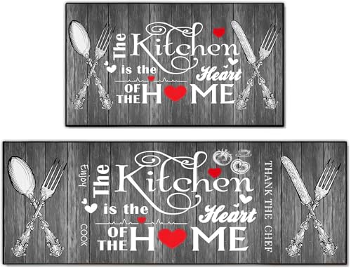 Kitchen Mats for Floor 2 Piece Set, Farmhouse Kitchen Rug Gray Vintage Style Theme Decor,Absorbent Washable Non-Slip Floor Mats 17x30+17x47 Inches - color: Gray a