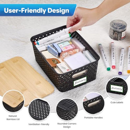 Anysig 8 Pack Plastic Storage Bins with Bamboo Lids, 5.2 QT Stackable Bins - color: Black