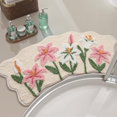 Cloud-Shaped Lily Bath Mat, Soft Non-Slip Fluffy Fresh Flowers Bathroom Rug, Ultra Absorbent Microfiber Shaggy Door Mat, Machine Washable Bath Rug Carpet for Bathtub Bedroom 18x39 Inch (Pink Lily S) - color: Pink Lily S