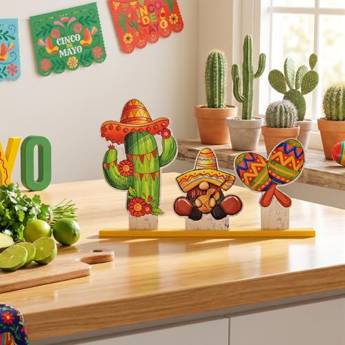 Smile Cinco De Mayo Standing Wooden Decor Set, 3-Piece Mexican Fiesta Wooden Cutouts (Cactus, Gnome, Maraca) for Tabletop & Party Display - style: Mexico