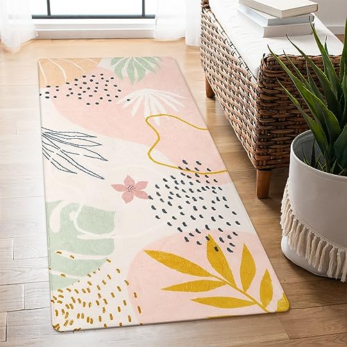 Lahome Washable Runner Rug for Hallway - 2x4 Non-Slip Throw Soft Bathroom Rug Runner Lightweight Pink Kitchen Mat, Boho Botanical Print Indoor Carpet Runner for Entrance Bedroom Laundry Living Room - color: Pink, size: 2' x 4' Runner
