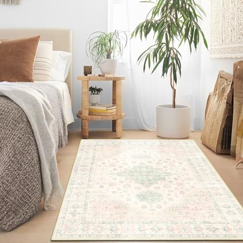 MUJOO 3x5 Rug Washable Boho Area Rugs Low Pile Non Slip Pink and Green - color: Pink and Green, size: 3' x 5' (Rectangular)