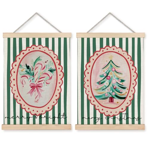 Exqcom Pink and Green Christmas Wall Decor Set of 2, Preppy Christmas Wall Art Poster, Trendy Green Striped Merry and Bright Xmas Tree Candy Cane Posters for Girls Room Dorm Apartment, 12x16 Inches - color: Christmas-Wall Decor-R