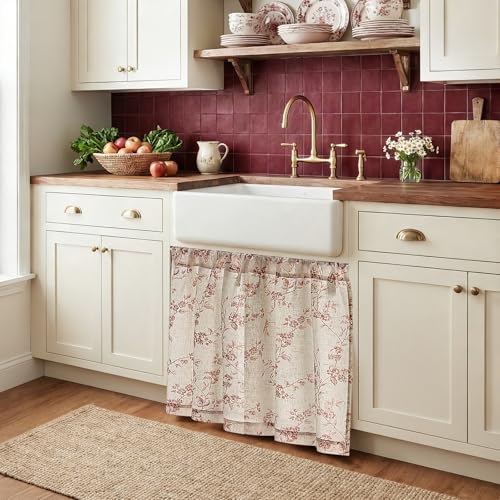 jinchan Floral Linen Kitchen Tier Curtains, 24 Inch, 2 Panels, Maroon - color: Alisa Maroon, size: 26"W x 24"L (Pack of 2)