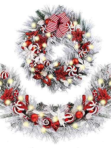 WANNA-CUL Pre-Lit 9ft Christmas Garland with Lights 50 LED Red White Bauble - color: 04-red White