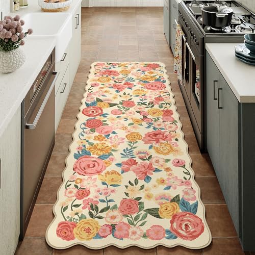 PureCozy Washable Floral Runner Rug 2x5 for Kitchen Vintage Beige Carpet - color: Scalloped Beige, size: 2' x 5' (Runner)