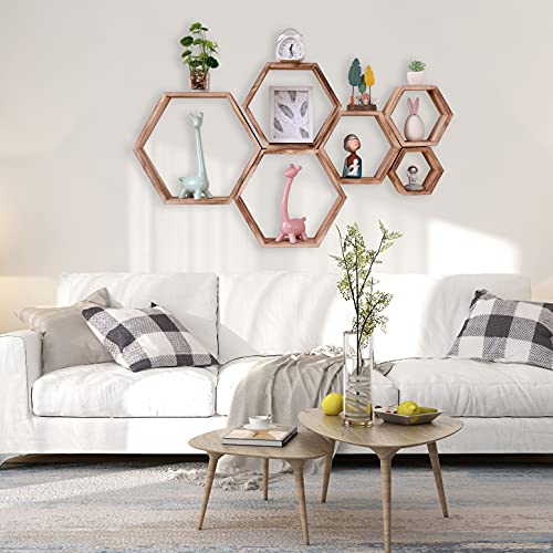 WONFUlity Hexagon Floating Shelves, Hexagonal Shelf Wall Mounted Storage - color: Light Brown, size: 6PC