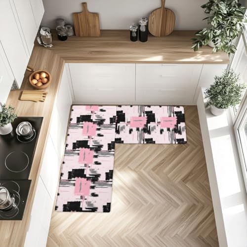 Feelyou Abstract Art Cushioned Rugs Kitchen 2PCS 32x29 32x47 Waterproof - color: Pink Grey Black