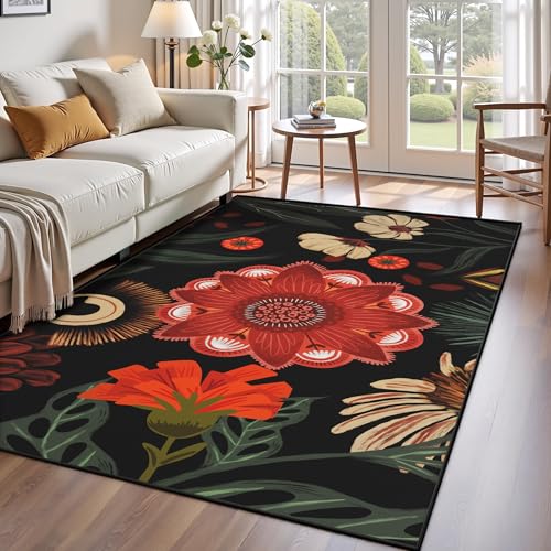 Tyrot Vintage Boho Floral 3x5 Washable Area Rug Flat Woven Ultra-Thin Low-Pile Botanical Rugs Non-Slip Indoor Rug for Bedroom, Entryway, Kitchen, Dorm, Kids Room, Nursery, Black Red - color: Crimson Shadow, size: 3' x 5' (Rectangular)