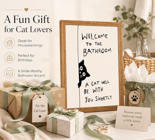 Framed Funny Cat Wall Art, Black White Animal Bathroom Painting, 12x16in - color: Black Cat, size: 12x16in
