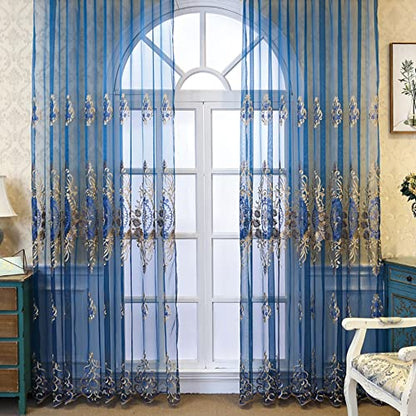 Amidoudou 1 Pair European Jacquard Sheer Curtains for Living Room Bedroom Luxury Embroidered Tulle Curtains (Blue,52x84 Inch) - color: Blue, size: 52"W x 84"L (Pack of 2)