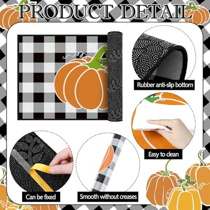 Fourluoo 3 Pcs Fall Pumpkin Kitchen Rugs and Mats Buffalo Plaid - color: Pumpkin