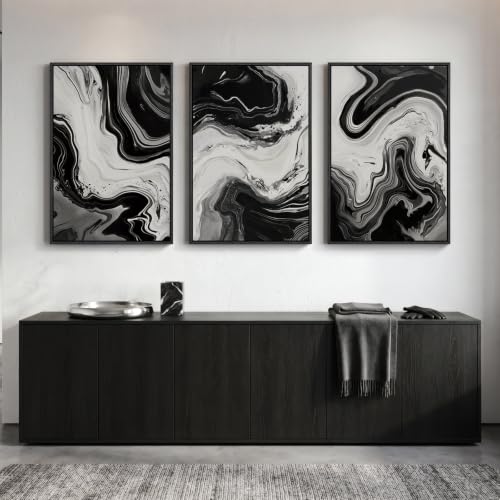 Large Framed Black and White Modern Abstract Wall Art Set of 3, 24x36 In - color: Black and White D, size: 24" W x 36" H x 3Pcs