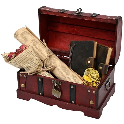 Vintage Wooden Treasure Chest Decorative Box with Lock,Oxblood - color: Oxblood, size: 12.2" x 7.1" x 7.1"