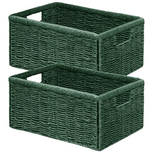 Vagusicc Wicker Storage Basket, Set of 2 Hand Woven Wicker Baskets for Organizing with Handles, Decorative Small Storage Bins for Countertop Toilet Paper Basket for Toilet Tank Top Shelves, Green - color: Green, size: Medium
