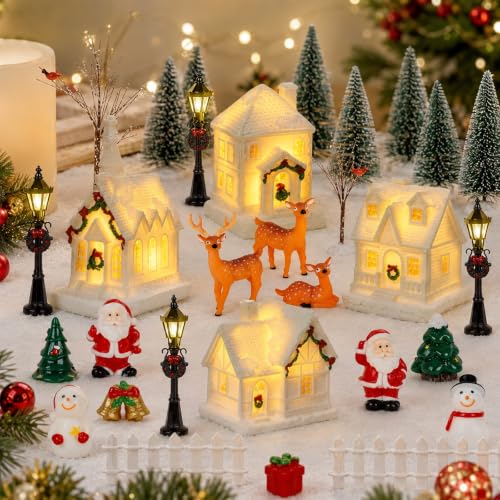 38 PCS Christmas Village Sets Christmas Figurine Village Houses Accessories White Winter Miniature Town Snow Scene Tabletop Decor with Santa Snowman Deer Street Light Pine Trees for Xmas Home Decor - color: Christmas