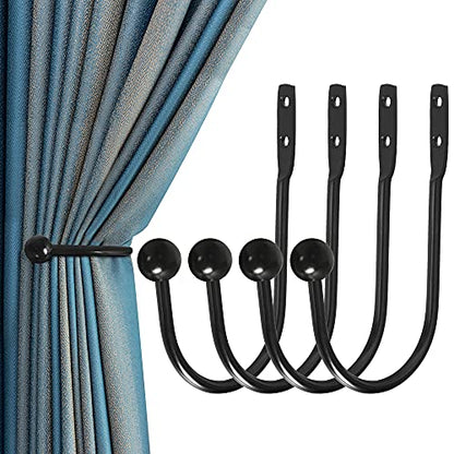 Curtain Holdback, 4 Pcs Wall Mounted Drapery Tiebacks with Screws, Heavy Duty Metal Decorative Window Drapery Holder Curtain Hook, Black - color: 4 Pcs, Black