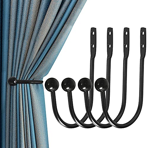 Curtain Holdback, 4 Pcs Wall Mounted Drapery Tiebacks with Screws, Heavy Duty Metal Decorative Window Drapery Holder Curtain Hook, Black - color: 4 Pcs, Black