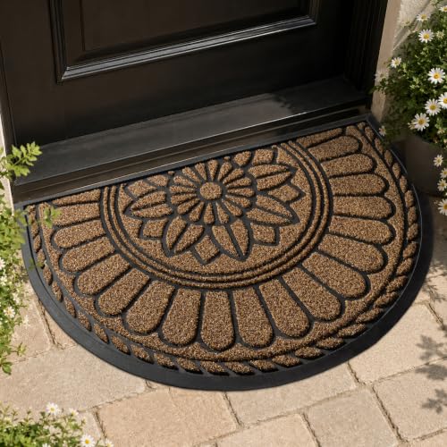 Mibao Half Round Door Mat, Non-Slip Welcome Entrance Way Mat, Durable Rubber Door Mats, Low-Profile Heavy Duty Doormat, Half Circle Mats for Garage, Patio, High Traffic Areas, 23.5" x 35.5", Brown - color: Brown, size: 2' x 3' (Semicircular)