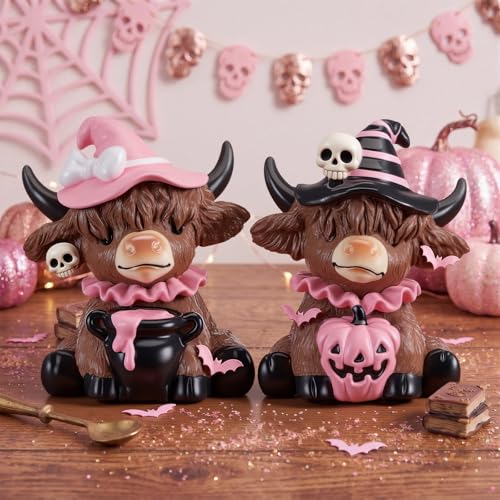 Karenhi 2 Pcs Pink Halloween Cow Figurines Resin Statues Tabletop Desk - style: Pink Ghost