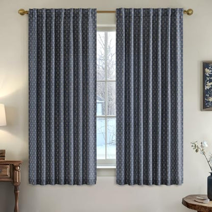 MIULEE Patterned Farmhouse Linen Curtains, Back Tab, 52Wx63L, Blue - color: Blue, size: 52"W x 63"L (Pack of 2)