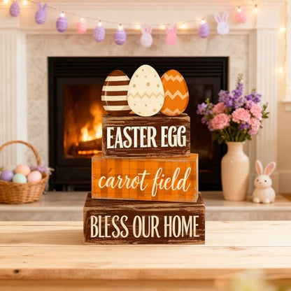 Easter Decorations - Easter Egg Carrot Field Tiered Tray Decor - Wooden Farmhouse Easter Tabletop Sign with Eggs & Carrot Theme - Rustic Spring Home Decor for Shelf Mantel Kitchen - Spring Home Decor for Living Room, Kitchen Counter - style: Egg