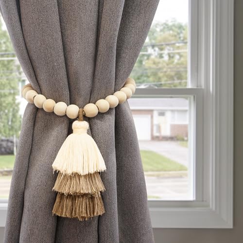 Magnetic Curtain Tiebacks with Wood Beads, Boho Rope Drapery Holdbacks with Triple Tassels, No Drill Curtain Holders for Farmhouse Bedroom, Living Room or Nursery, 2 Pack, Beige Taupe Brown - color: Beige/Taupe/Brown