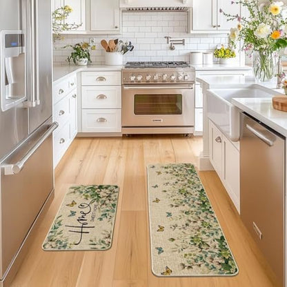 Artoid Mode Cotton Plant Leaf Butterfly Home Spring Kitchen Mats Set of 2, Home Decor Low-Profile Kitchen Rugs for Floor - 17x29 and 17x47 Inch