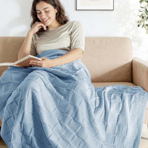 Whale Flotilla Checkered Knit Throw Blanket for Couch, Blue - color: Blue, size: 60x80 Inch