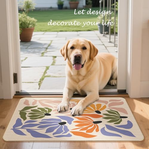 Boho Floral Botanical Faux Linen Door Mat, Abstract Modern Flower Doormat Outdoor Indoor Entrance Porch, Mid Century Minimalist Boho Welcome Mats for Front Door, 17x30 Inch - color: Boho 3