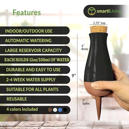 Ollas (Set of 4) | 12oz Terracotta Plant Watering Globes - Self Watering Planter Insert - Automatic Plant Watering Devices | Vacation Watering Pots for Indoor & Outdoor Plants - color: Black, Blue, White and Pink