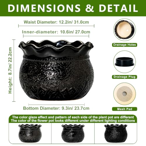 12 Inch Ceramic Planter, Large Plant Pot Indoor, Black - color: Black, size: 12 Inch