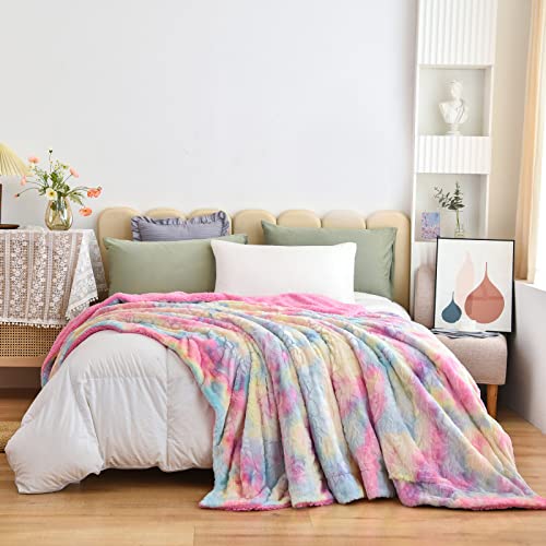 NEWCOSPLAY Faux Fur Sherpa Queen Blanket for Couch, Light Rainbow, 90"x90" - color: Light Rainbow, size: Queen(90"x90")