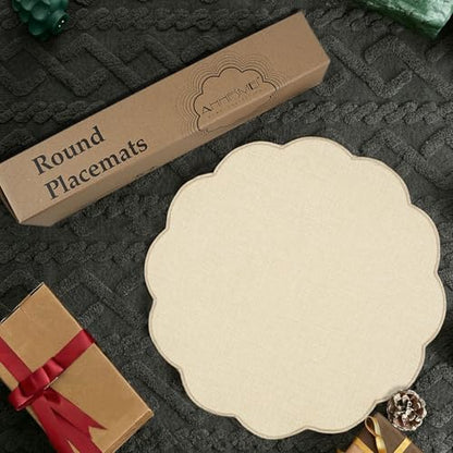 AHHFSMEI Round Scalloped Placemats Set of 6 15 Inch Faux Linen - color: Beige