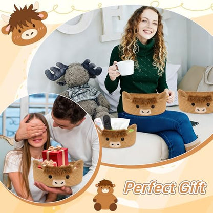 3 Pcs Oval Highland Cute Cow Basket for Nursery,Woven Rope Gift Basket - color: Brown, size: 3 PCS
