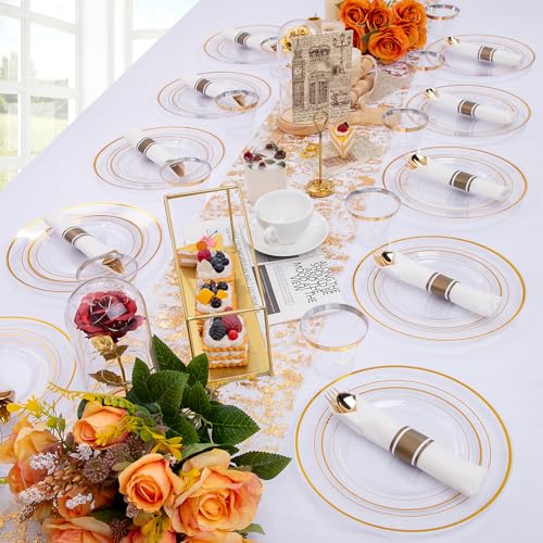 WELLIFE 210PCS Clear-Gold Plastic Plates - Dinnerware Sets for 30 Guests - 60 Disposable Plates, 90 Plastic Silverware, 30 Cups, 30 Napkins for Party - color: Clear and Gold, style: 210PCS（30 Guests）