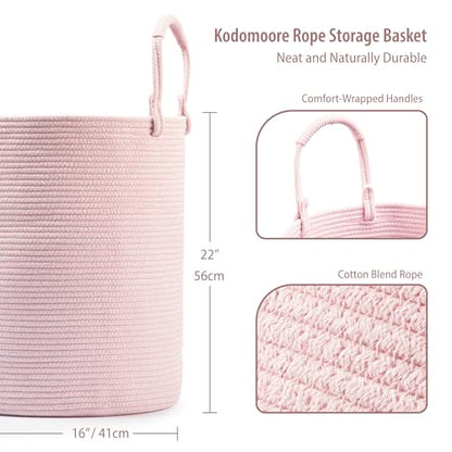 Laundry Hamper Basket, Woven Cotton Rope Blanket Basket, Nursery Storage - color: Light Pink, size: 16"D x 22"H
