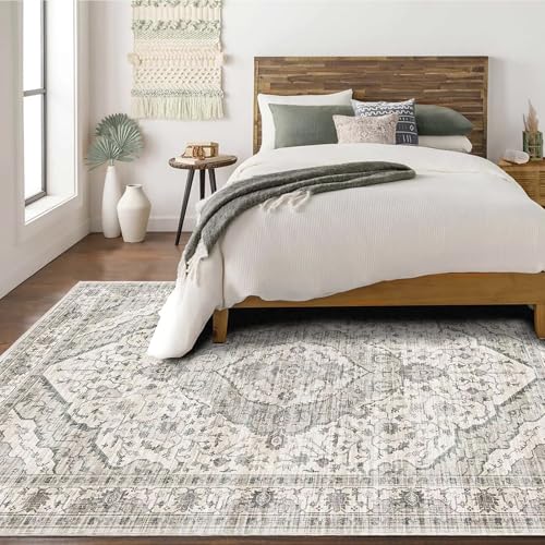 Deerly Area Rug 3x5 Rugs with Non-Slip Backing, Washable 3x5 Rugs for Bedroom Living Room Kitchen Hallway, Distressed Carpet Printed Low-Pile Soft Dorm Rug (Border Cream) - color: Border Cream, size: 3'x5'