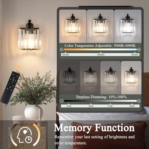 BELS 8 Inch Battery Operated Wall Sconces Set of 2, Farmhouse Black Wall Lights Fixture with Crystal Shade, 3 Colors Temperature, Remote Control, Dimmable, Wall Sconces for Mirror, Bathroom, Bedroom - color: Crystal