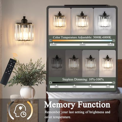 BELS 8 Inch Battery Operated Wall Sconces Set of 2, Farmhouse Black Wall Lights Fixture with Crystal Shade, 3 Colors Temperature, Remote Control, Dimmable, Wall Sconces for Mirror, Bathroom, Bedroom - color: Crystal