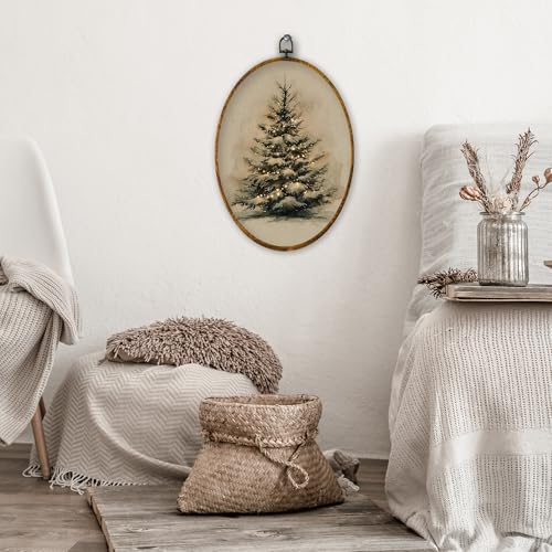 XPH Vintage Christmas Tree Oval Wall Art Framed, Rustic Christmas Winter Tree Oval Wall Decor, Farmhouse Xmas Cozy Winter Hanging Canvas Prints for Home Bedroom Living Room Decoration, 8.6x11.4 Inch - color: Christmas 24