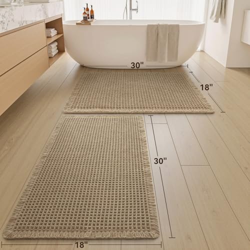 Upgraded Waffle Bath Mat Set of 2 Absorbent Non Slip Bathroom Mat 18" x 30" - color: Brown, size: 18" x 30" ( 2 PCS )