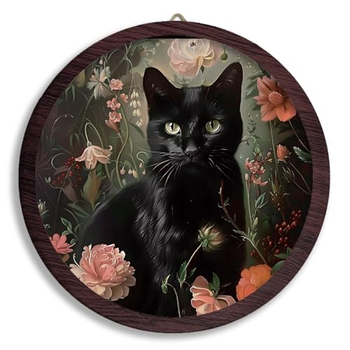 XDFVL Vintage Black Cat Framed Wall Art Decor, Floral Gothic Wooden Wall Art Prints Artwork, Vintage Decoration, Cottagecore Hanging Room Door Decor for Cat Lovers Bedroom Living Room, 10x10 Inch - color: black cat