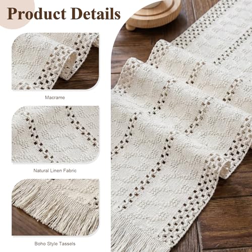 Boho Macrame Table Runner with Tassels 72in White Farmhouse Runner - color: White, size: 12'' x 72''